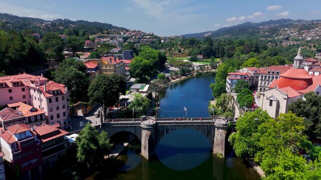 Aerial View of Tamega River and Sao Goncalo Bridge, Amarante, Portugal