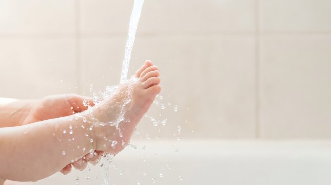 Mother washing child foot under flowing water in bathtub. Gentle process of cleaning baby feet. Care, hygiene, health and wellness concept. Close up view of parent and toddler skin.