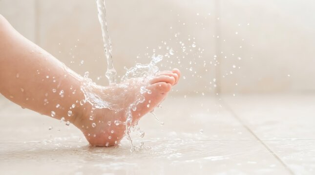Child foot washing in clean clear water. Splashing stream of water over toddler skin. Hygiene and health care concept. Careful body treatment, domestic bathroom activity, purity.