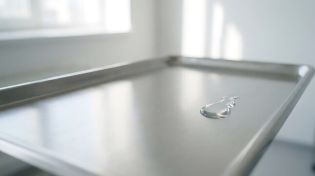 Single drop of liquid on a clean metal clinical tray. Sterile surface in a medical examination room. Instrument preparation for surgical procedure, healthcare and science concept.