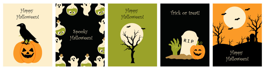 Cute Halloween greeting cards or posters. Hand drawn whimsical ghost, jack o lantern, night cemetery, raven, potion bottle, Dead tree, Tombstone. Autumn holiday vector illustration. © Huma Fida