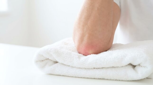 Woman elbow resting on a soft white towel. Concept about skin care, dermatology and treatment for dry or irritated dry skin on elbow. Healthy body care and hygiene routine.