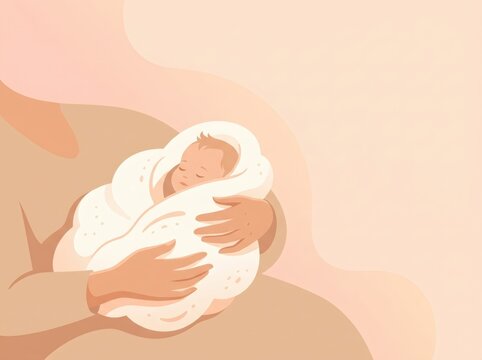Woman holding newborn baby wrapped in blanket. Mother taking care of sleeping infant. Love and motherhood concept. Gentle illustration of parenting, family bonding and baby care.