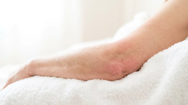 Senior woman showing inflamed red painful elbow on white towel. Skin irritation or joint inflammation concept. Orthopedic health problem, medical symptom for diagnosis and treatment.