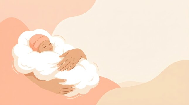 Mother holding swaddled newborn baby in arms. Parent embracing infant wrapped in blanket. Gentle care and motherhood concept. Minimalist vector illustration with soft beige background.