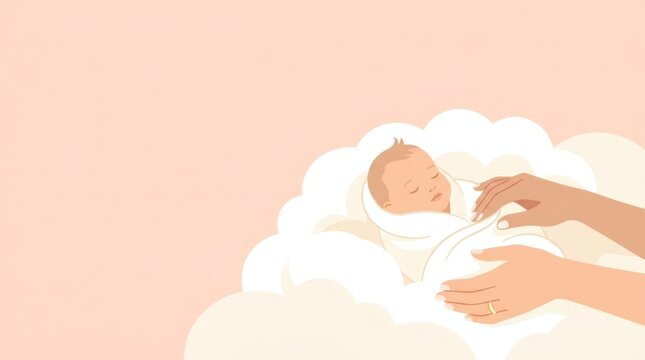 Woman hands cradling a sleeping newborn baby on a soft white cloud. Tender care and protection of an infant. Maternal love, parenthood, family bonding, and peaceful childhood concept.
