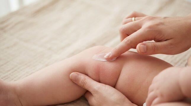 Mother applying moisturizing cream on baby leg with skin irritation. Treatment of dry skin and rash. Parent caring for child health, hygiene and skincare at home with lotion.