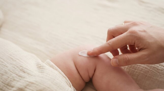 Mother applying moisturizing cream on baby knee. Parent caring for infant skin with lotion. Health treatment, hygiene routine, gentle protection and natural childcare concept.