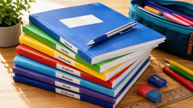 Schulhefte zum ersten Schultag in Deutschland: Ein farbiger Stapel beschrifteter Hefte liegt mit Stiften, M&auml;ppchen und Schulranzen bereit f&uuml;r das neue Schuljahr.