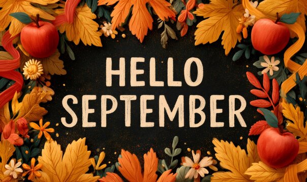 Fall seasonal banner displaying handwritten hello september message with decorative border of colorful leaves and fresh apples