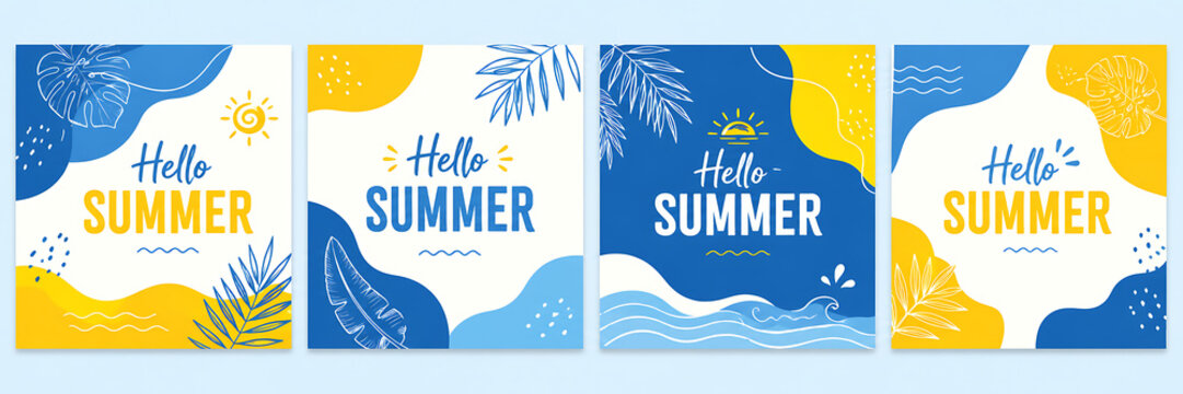 Hello Summer social media post templates, set of four tropical seasonal banners, abstract organic shapes with palm leaves and sun illustrations isolated on White Background ai