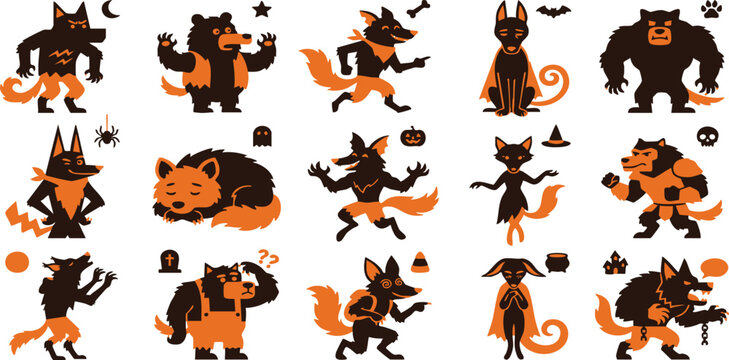 Collection of cute cartoon werewolf characters in various poses and outfits for halloween themed graphic design projects