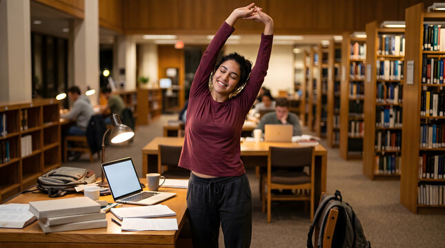 Young woman stretching in library during study session
