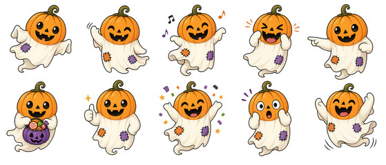 Obraz premium Cute halloween pumpkin ghost characters isolated on white background for spooky celebrations and festive decor