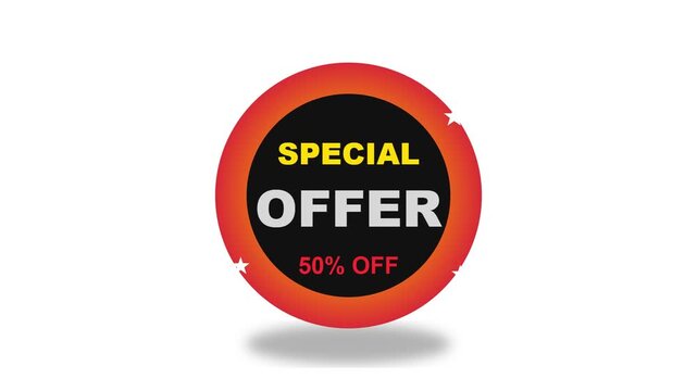 Circular promotional badge featuring a bold special offer announcement with fifty percent discount text for retail marketing campaigns and seasonal shopping events