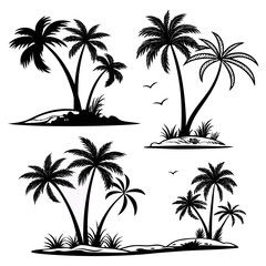 Fototapeta premium Set of black palm tree silhouettes on islands with flying birds, tropical beach vector illustrations for serene vacation and summer travel designs.