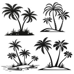 Naklejka premium Silhouettes of tropical palm trees on small islands with sandy shores and lush green grass under clear sky.