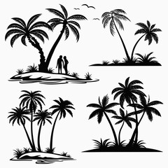 Fototapeta premium Silhouettes of tropical palm trees on small islands with sandy shores and lush green grass under clear sky.