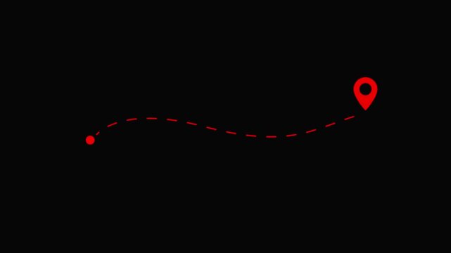 Location destination, path, and route icon showing map animation. Two red location pin icon animations connected by dotted path on white background and black screen.