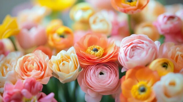 Vibrant colorful ranunculus flowers swaying gently, featuring a beautiful bouquet of fresh persian buttercups in shades of pink, orange, and yellow with soft focus background