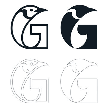 Abstract stylized penguin shape forming letter G in different design variations and outlines