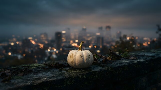 Urban thanksgiving background white pumpkin with city skyline at dusk
