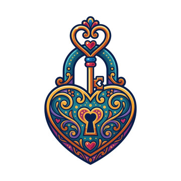 Ornate heart padlock with key vector illustration.