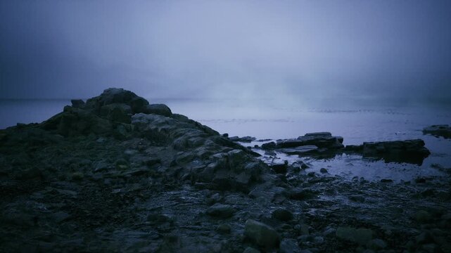 fogbound tide pool coastline at dusk, shallow pools reflecting dim sky, scattered pebbles and barnacle crust, restrained palette for contemplative environmental