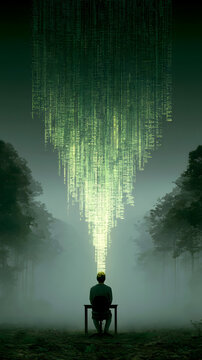 Person sitting at a solitary desk in a foggy forest receives a cascade of digital code falling from the sky like rain.