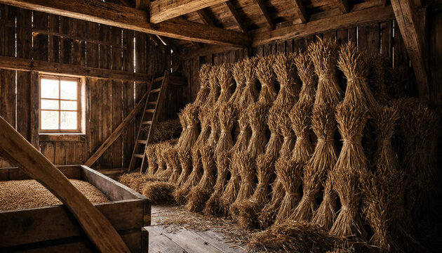 Bundles of golden wheat stalks stacked inside a rustic wooden barn with a small window and a wooden ladder, traditional farming harvest scene