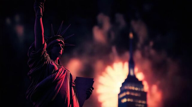 Spectacular fourth of july fireworks exploding behind the statue of liberty and the empire state building in new york city, celebrating independence day in the usa