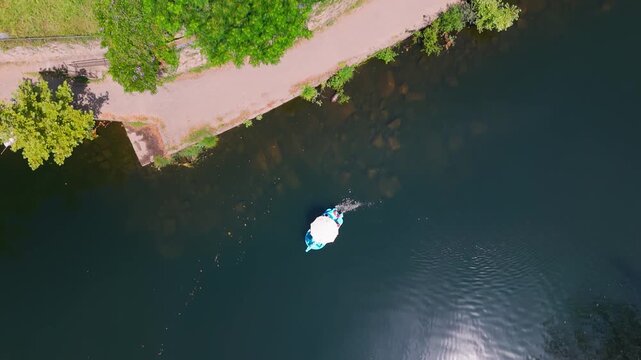 Top-Down View of Catamaran Crossing the River, Amarante, Portugal