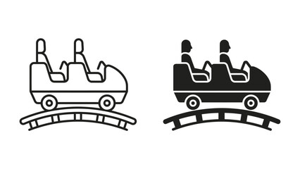 Roller Coaster Icons: Two stylized icons depict a roller coaster car on a track, one in outline and the other in solid black, representing thrill and amusement park entertainment © sajna