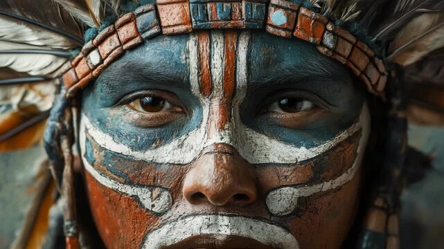 Native american man with traditional face paint and feathered headdress looking into the camera. An intense portrait of a tribal warrior with spiritual makeup and accessories