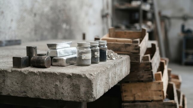 Neodymium magnets, ingots, and mineral powder jars beside empty crates, symbolizing market pressure and price support