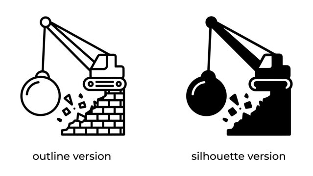 Wrecking Ball Icons: A graphic illustration featuring a wrecking ball crane in action, shown in both outline and silhouette versions, demonstrating demolition of a brick wall.