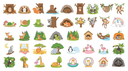 Obraz premium Cute cartoon animals in their natural habitats and homes illustrations.