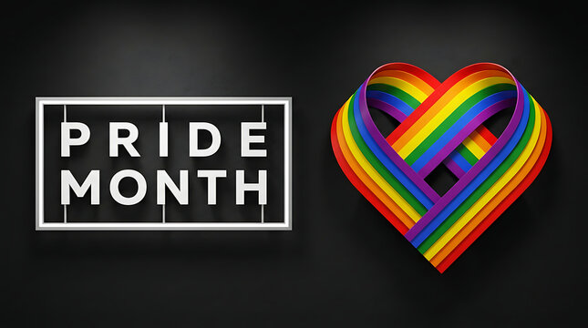 Pride Month text with a colorful rainbow ribbon heart shape on a dark textured background