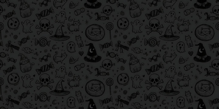 Halloween pattern features various hand-drawn icons like skulls, witch hats, cats, and ghosts arranged on a dark background.