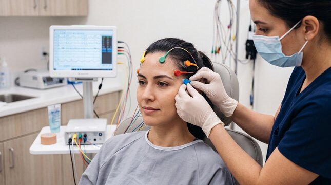 Female medical in a blue uniform and face mask placing eeg electrodes on the head of a ad social media download thambnail poster web template event festival 2026 2027 2028