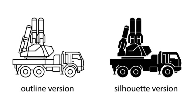 Missile Launcher Truck: Two graphic representations of a missile launcher truck, one in outline and the other in silhouette, showcasing a heavy-duty vehicle equipped for defense.