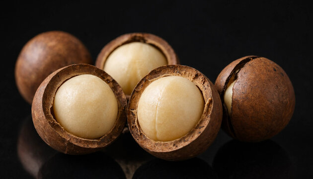 Several whole macadamia nuts and two halved nuts showing the creamy white interior, placed on a dark reflective surface, healthy food snacks
