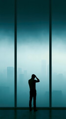 Fototapeta premium Businessman stands silhouetted against a tall office window while observing the misty urban skyline during a gloomy morning in the city.