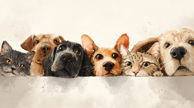 Joyful pets peek over a minimalist white banner with happy expressions