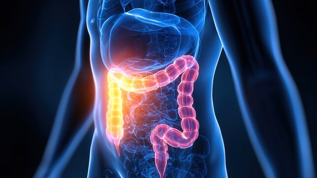 Detailed medical 3D illustration of colorectal cancer development inside human large intestine, showing malignant tumor growth, intestinal wall lesions, polyp deterioration, digestive system pathology