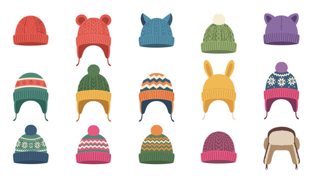 Assortment of colorful knitted winter hats and beanies with pom-poms displayed in a grid for clothing and seasonal fashion apparel.