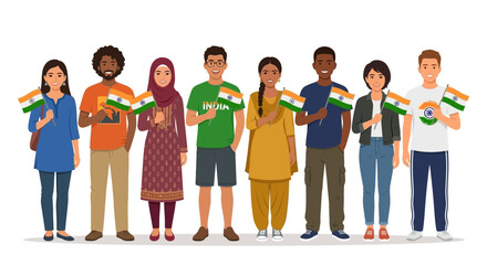 Fototapeta premium Diverse people celebrating independence day india with national flags