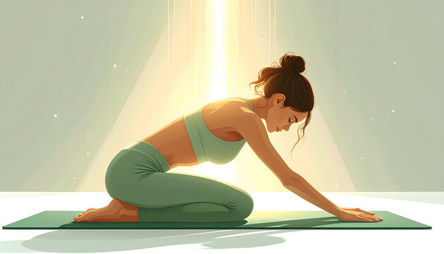 Person doing child's pose yoga mat captures peaceful gentle tension relief back pain wellness atmosphere generative AI