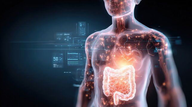Detailed medical 3D illustration of colorectal cancer development inside human large intestine, showing malignant tumor growth, intestinal wall lesions, polyp deterioration, digestive system pathology