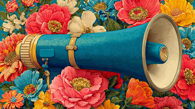 Vintage megaphone colorful floral background positive spring announcement creative marketing voice concept.